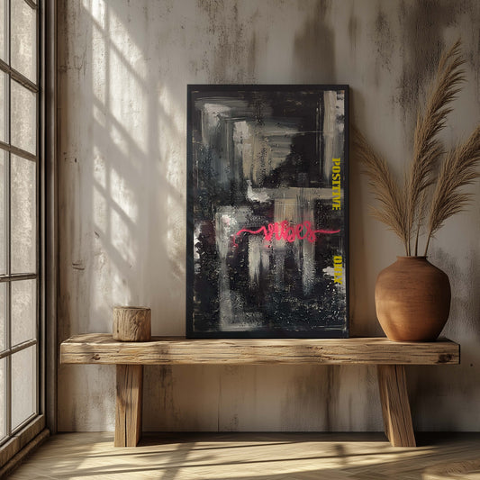 Abstraktes Kunstwerk mit kräftigen Kontrasten in zeitgenössischem Interieur