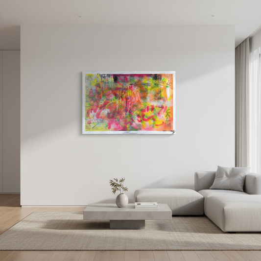 Zeitgenössische Leinwandkunst mit kraftvollen Farben im Interieur