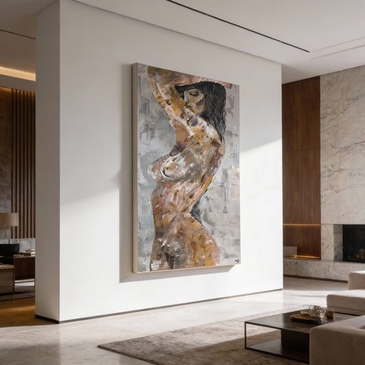 Abstrakte Aktkunst auf Leinwand als stiller Ruhepol im Raum