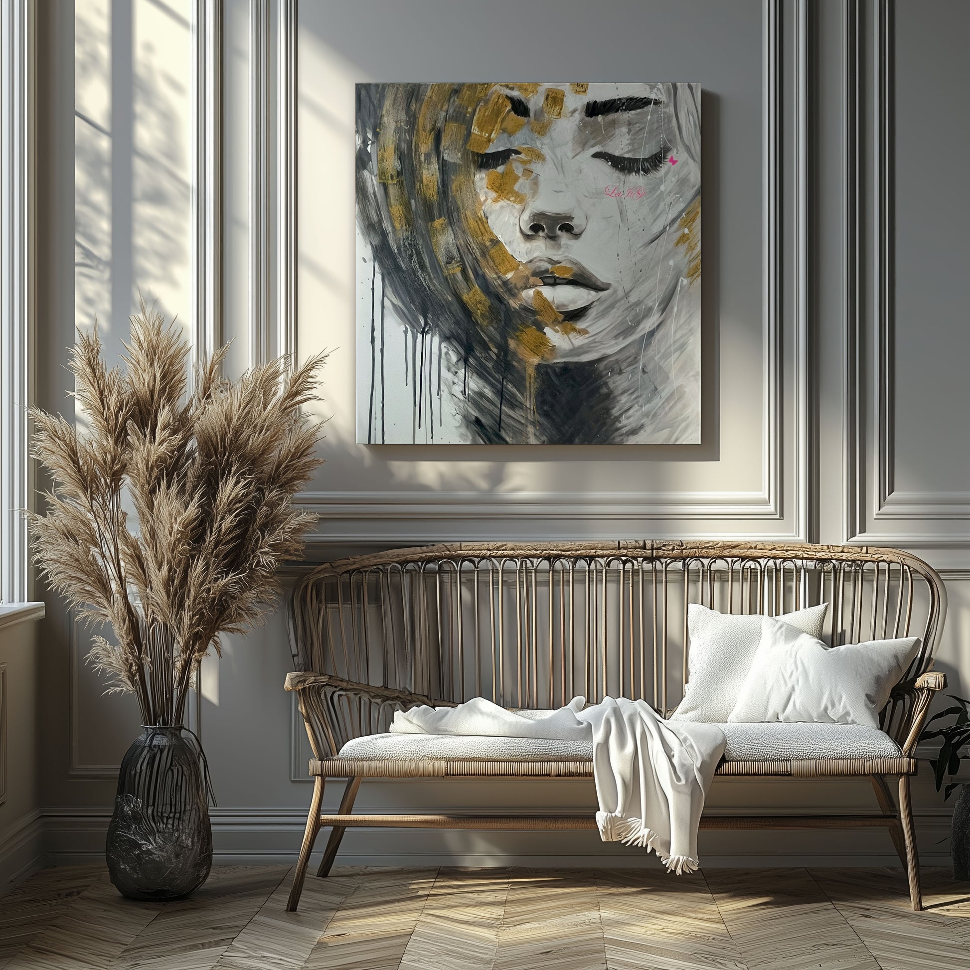 Moderne Kunst auf Leinwand mit emotionalem Porträt in stilvollem Interieur