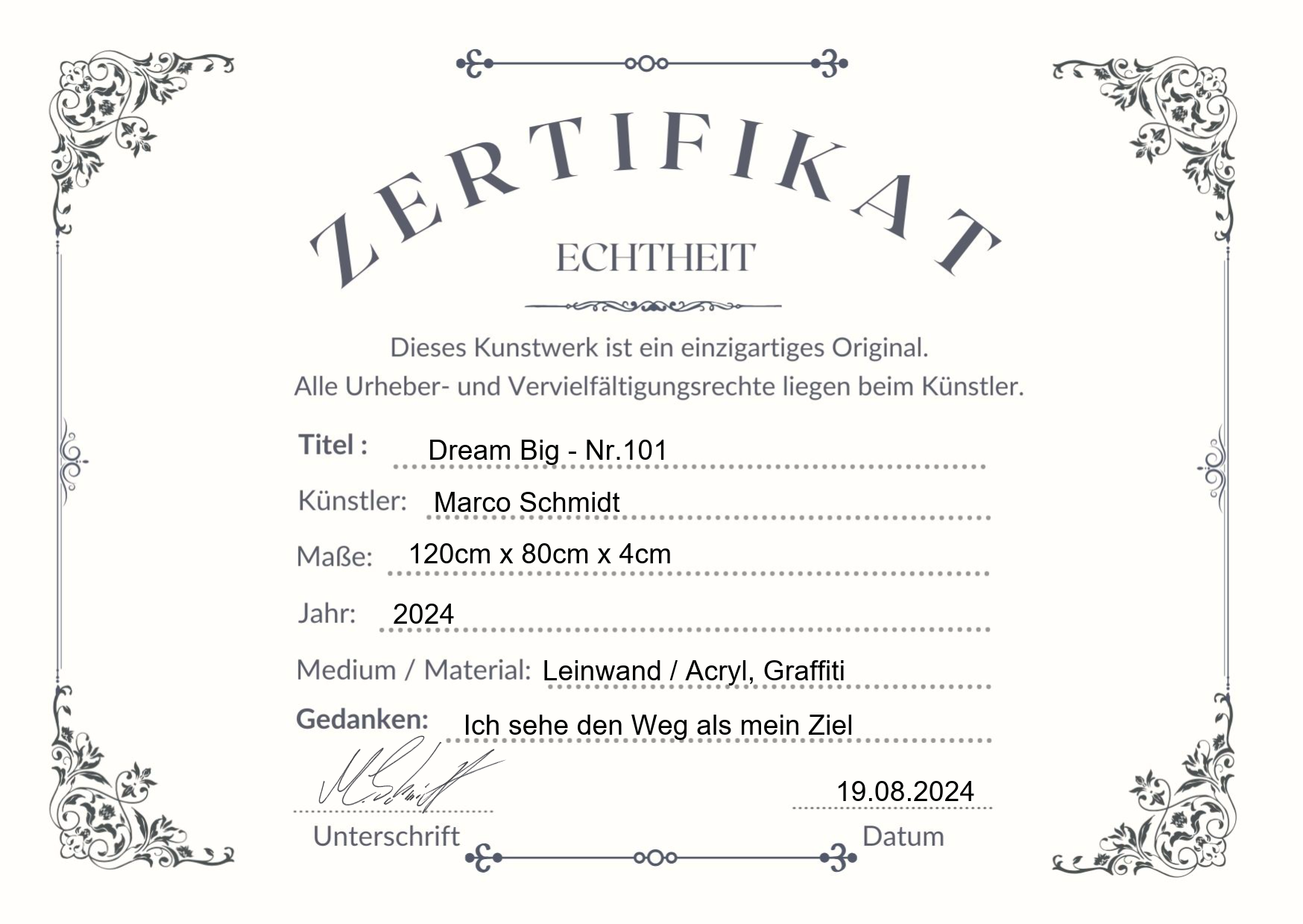 Zertifikat zum abstrakten Leinwandbild Dream Big