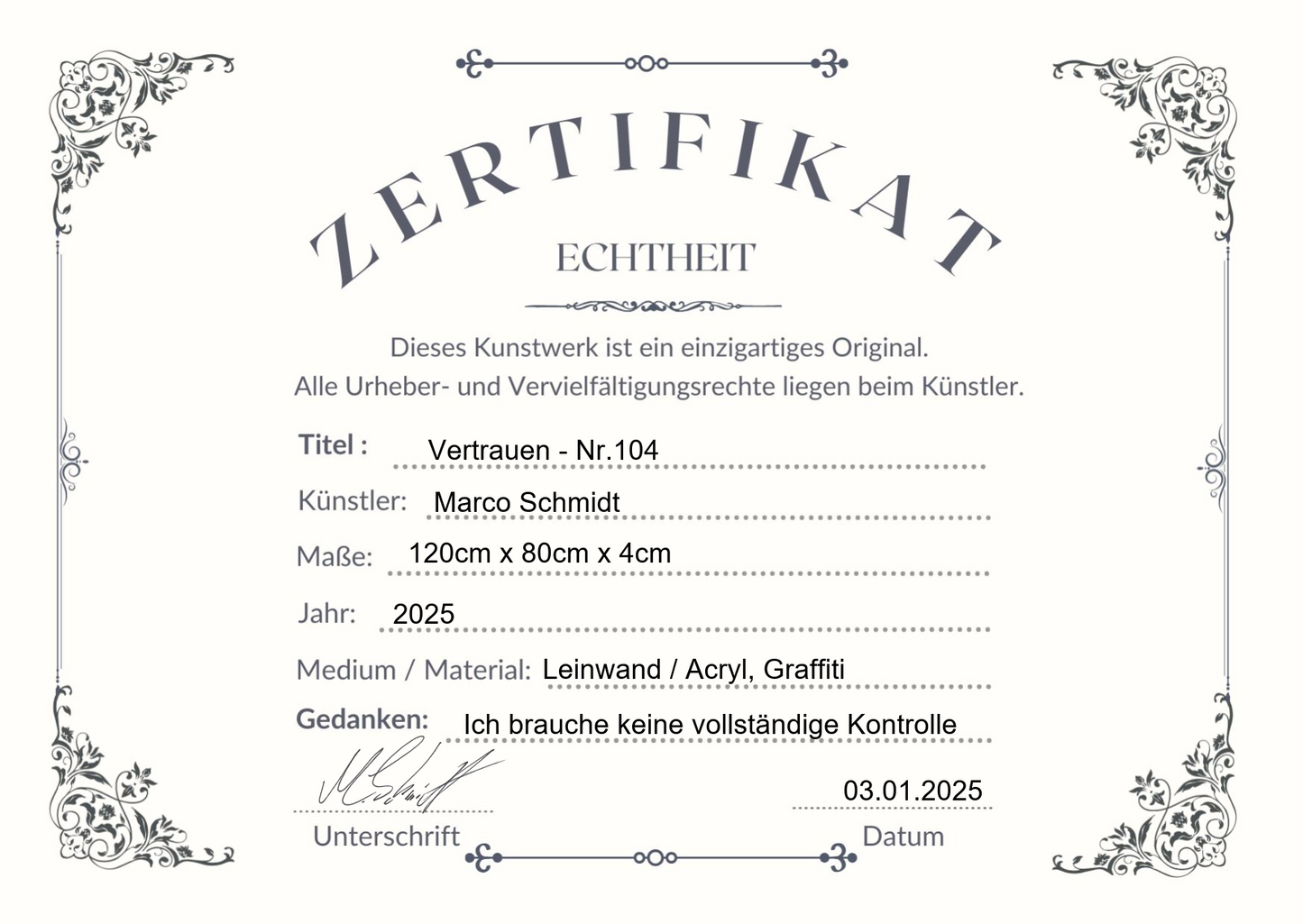 Zertifikat zum abstrakten Leinwandbild Vertrauen