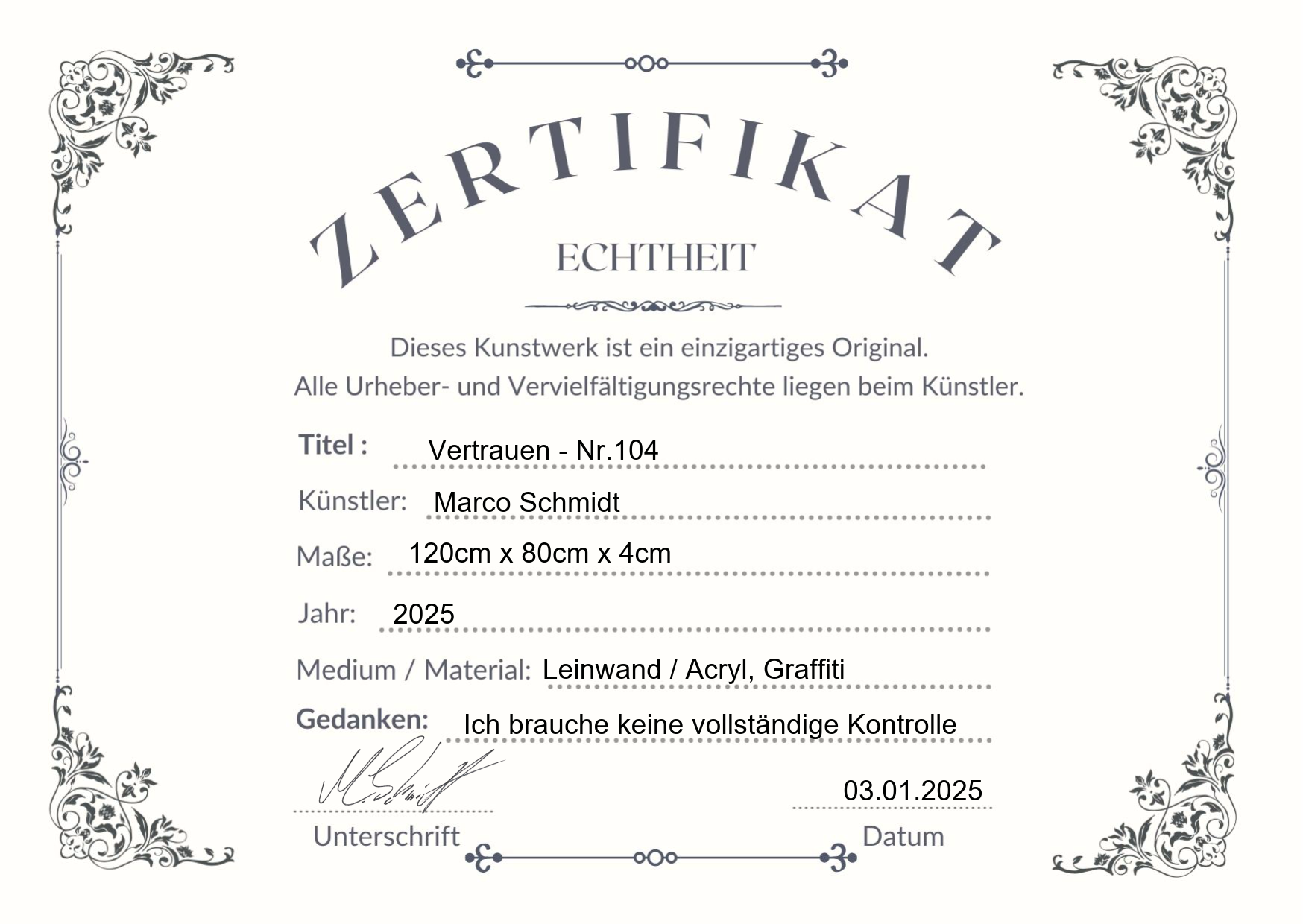 Zertifikat zum abstrakten Leinwandbild Vertrauen