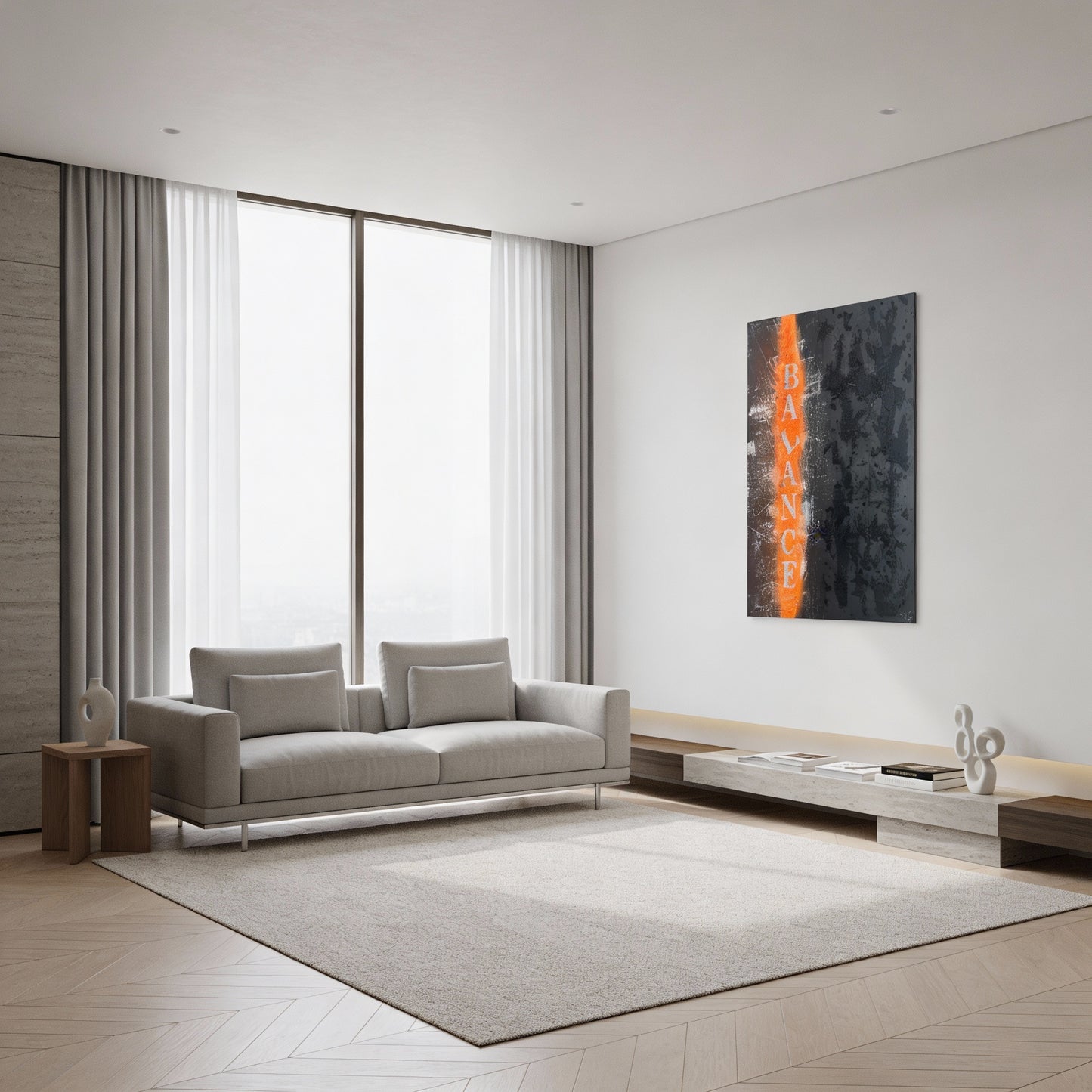 Abstraktes Kunstwerk Balance in modernem Wohnraum